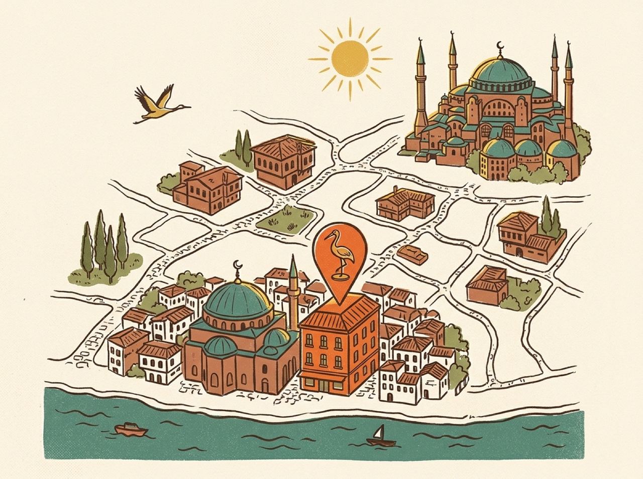 Illustrated map of Turna Hotel's neighbourhood, next to Little Hagia Sophia and Hagia Sophia, Sultanahmet